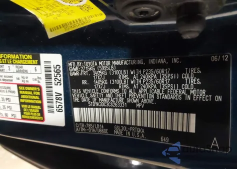 2012 Toyota Sienna Xle/Limited из США, поврежденный, VIN 5TDYK3DC3CS263331